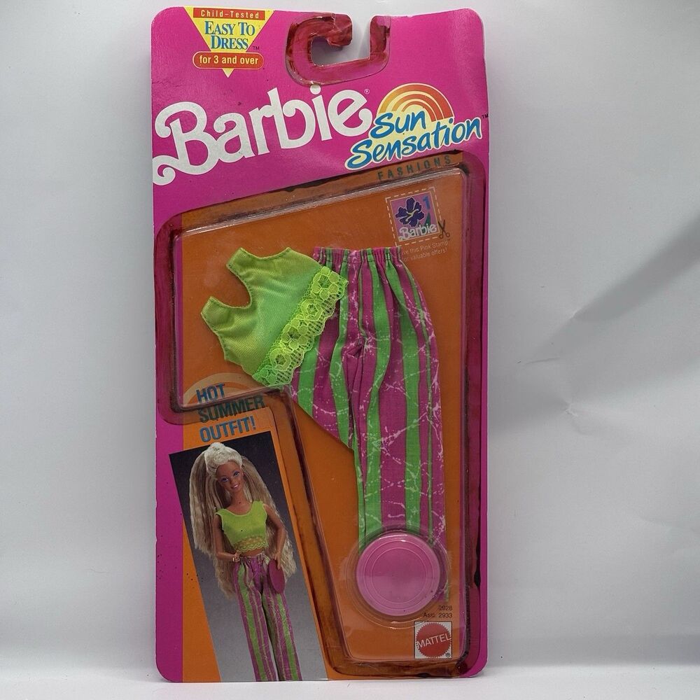 VTG 1991 Barbie Sun Sensation Fashions #2928 Pink & Green Summer Outfit, Frisbee